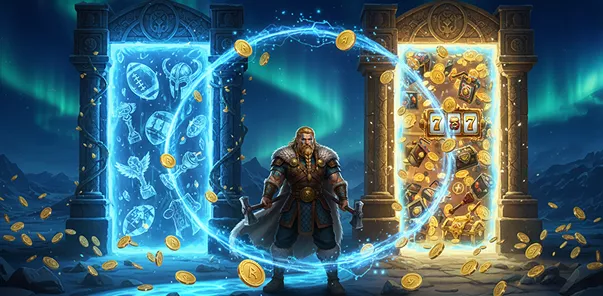 Ragnaro | Een machtige Viking tussen een gloeiend blauw runenschild en een gouden casino gokkast bij Ragnaro